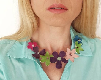 Bohemian Leather Necklace, Flower Bib Collar, Boho Choker, Nature Jewelry with Flower Applique, Colorful Unique Nature Gift, Romantic Style