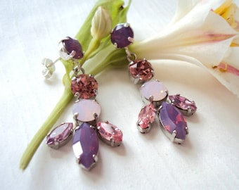 Statement Elegant Earrings with Swarovski Crystals, Long Prom Evening Jewelry, Bold Purple Stylish Dangles, Long Fancy Opal Bridal Earrings