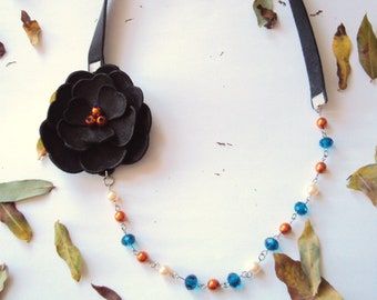 Beaded Pearl Necklace with Oversized Black Leather Flower, Fall Nature Jewelry, Statement Bib Necklace, Large Floral Necklace, Nature Lover