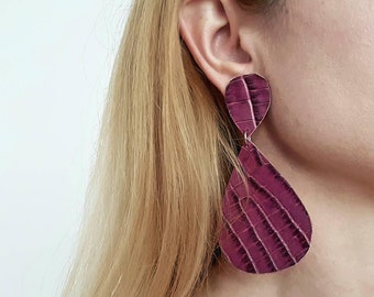 Purple Leather Earrings, Oversized Burgundy Plum Dangles, Teardrop Embossed Crocodile Pattern, Up-cycled Leather Jewelry, Long Magenta Drops