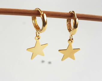 Gold Star Huggie Earrings, Celestial Charm Hoops, 24K Gold Creole Earring With Shiny Stars, Daily Stacking Jewels, Round Dainty Star Dangle