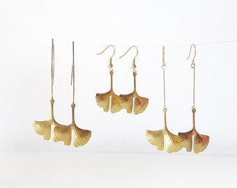 Ginkgo Leaf Earrings, Gold Ginkgo Hoop Earrings, Raw Brass Leaf Dangles, Long Ginkgo Biloba Earrings, Nature Lover Gift, Herbalist Jewelry