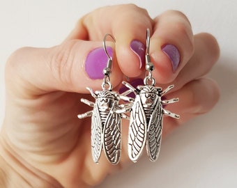 Silver Cicadas Earrings, Bold Insect Dangles, Bohemian Fly Jewelry, Nature Lover Gift, Greece Holiday Lover, Traveler Bug Symbolic Gift