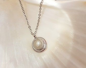 Silver Coin Necklace with Pearly White Enamel, Delicate Disc Pendant, Minimalist Dainty Layering Necklace, Stainless Chain Round Pearl Charm