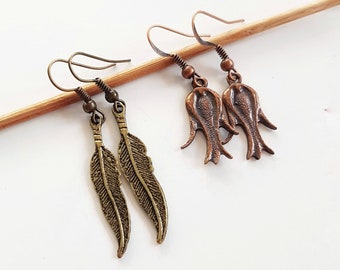 Dainty Earthy Earrings Set, Copper Leaf Dangles and Bronze Metal Feather Charms, Daily Lightweight Rustic Nature Jewelry, Thin Leaf Drops