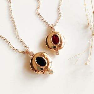 Gold Locket Necklace, Vintage Style Photo Medallion, Red or Blue Glass Pendant, Layering Family Keepsake Jewelry with Modern Crystal Design