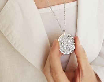 Long Medallion Necklace with Antique Coin Pendant, Silver Oval Ancient Coin Jewelry, Talisman Coin Replica, Bold Layering Chain Necklace