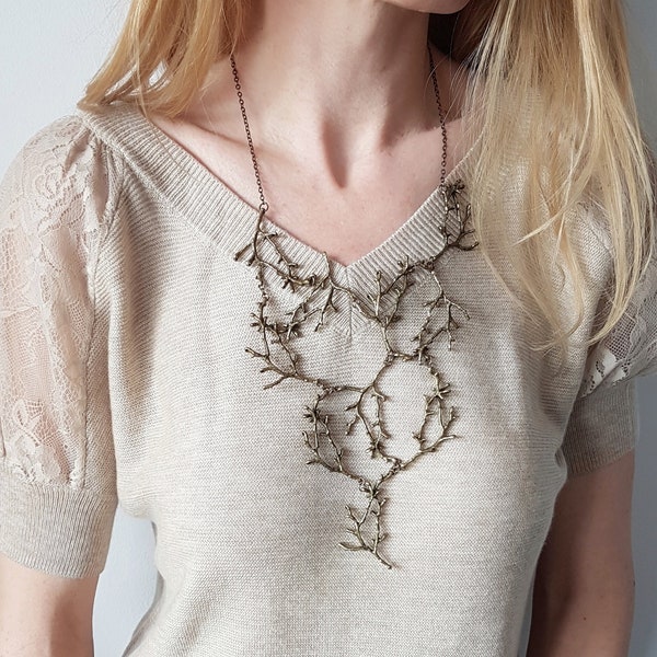 Statement Twig Necklace, Oversized Cascading Bib, Bronze Branch Necklace, Forest Nature Jewelry, Woodland Rustic Wedding, Bold Tree Collar