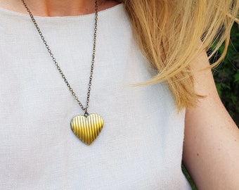 Vintage Heart Locket, Puffy Heart Necklace, Romantic Photo Medallion, Antique Brass Layering Memory Jewelry, Personalized Family Keepsake