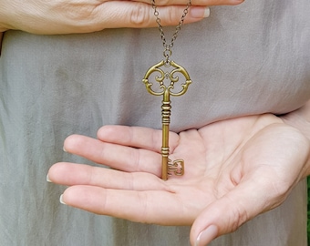 Antique Bronze Skeleton Key Necklace, Ornate Victorian Key Pendant on 30" Long Chain, Secret Garden Key Gift, Fairy-tale Bold Statement Key