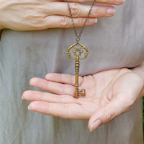 Antique Bronze Skeleton Key Necklace, Ornate Victorian Key Pendant on 30" Long Chain, Secret Garden Key Gift, Fairy-tale Bold Statement Key