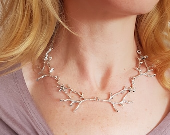 Silver Branch Necklace, Twig Bib Collar, Nature Lover Gift, Woodland Forest Jewelry, Metal Tree Accessory, Bold Fairy Choker, Elven Jewelry