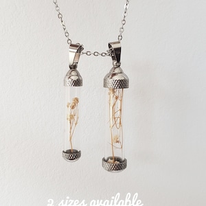 Long Empty Bottle Vial Necklace, Keepsake Locket Pendant, Glass Tube Fillable Jar for Personalised Message, Screw on Secret Capsule Charm