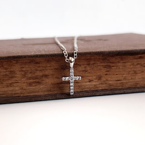 Tiny Cross necklace, Minimalist Silver Layered Cross Pendant, Religious Faith Jewelry, Small Catholic Pave Crystal Crucifix Charm Choker