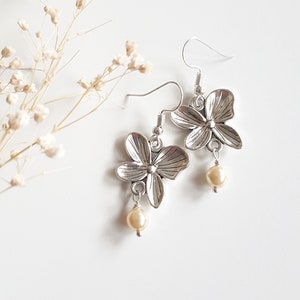 Silver Orchid Earrings with Cream Pearl, Small Pearl Cocktail Dangles, Dainty Bridal Jewelry, Nature Lover Gift, Romantic Boho Floral Drops image 1