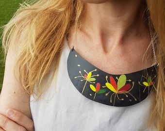 Hand Painted Bib Necklace with Floral Pattern, Black Leather Collar, Chunky Statement Jewelry, Bold Wearable Art Choker, Leather Lover Gift