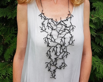 Statement Black Twig Necklace, Unisex Cascading Branch Jewelry