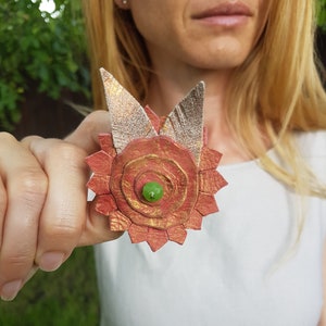 Oversized Flower Brooch, Nature Floral Jewelry, Bold Leather Accessory, Bohemian Appreciation Gift, Metallic Copper Rose Gold Statement Pin image 1