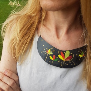 Hand Painted Bib Necklace with Floral Pattern, Black Leather Collar, Chunky Statement Jewelry, Bold Wearable Art Choker, Leather Lover Gift