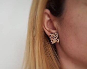 Rose Gold Leather Stud Earrings, Metallic Oversized Rectangular Posts, Unique Funky Earring, Champagne Shimmery Stud, Modern Cool Accessory