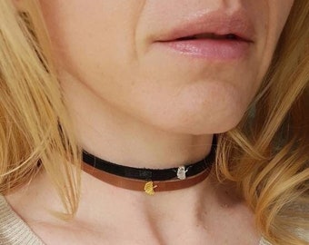 Thin Leather Choker with Ginkgo Leaf, Thick Genuine Leather Necklace, Everyday Leaf Collar in Black Brown, Cool Unisex Adjustable Accessory