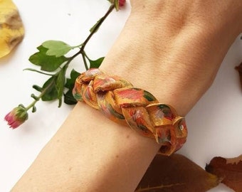 Mystery Braid Wristband, Braided Leather Bracelet, Hand-painted Hippie Leather Cuff, Bohemian Jewelry, Upcycled Festival Bracelet in Camel