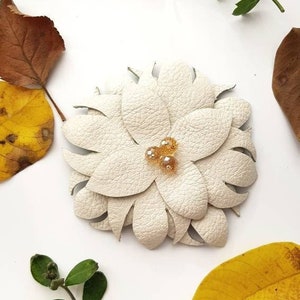 White Leather Flower Brooch, Statement Floral Pin, Bold Nature Jewelry, Oversized Leather Accessory, Nature Lover Gift, Eco Friendly Brooch image 1