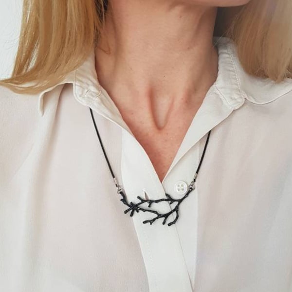 Black Twig Necklace, Unisex Branch Necklace on Leather Cord, Nature Lover Gift, Woodland Forest Jewelry, Cool Modern Dark Academia Pendant