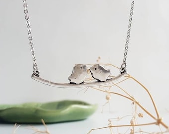 Lovebirds Necklace, Silver Birds Necklace with Sweet Couple Pendant, Woodland Bar Necklace, Dainty Layered Boho Choker, Birds on Wire Charm