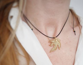 Gold Maple Leaf Necklace, Filigree Leaf on Leather Cord, Big Leaf Pendant, Nature Lover Gift, Canadian Filigree Leaf Choker, Botanical Leaf