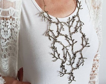 Statement Twig Necklace, Oversized Branch Necklace, Woodland Bold Bib, Cascading Bronze Necklace, Rustic Forest Wedding, Unisex Body Collar