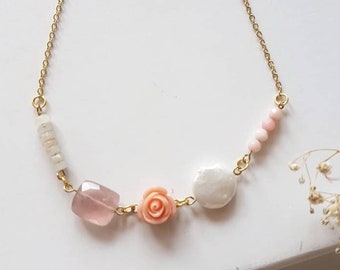 Real Rose Quartz Beaded Necklace, Bohemian Pearl Choker, Short Romantic Rose Collar, Minimalist Layering Jewelry, Boho Chic Vintage Gift