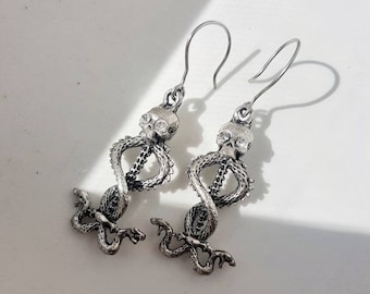 Statement Skull Earrings, Gothic Snake Earrings, Wizard Jewelry, Dark Vine Snake Charm, Enchanted Rock Dangles, Skeleton Steampunk Earrings