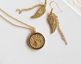 Angelic Coin Necklace with Guardian Angel, 24K Gold Plated Coin Pendant, Spiritual Archangel Layering Necklace, Modern Religious Medallion