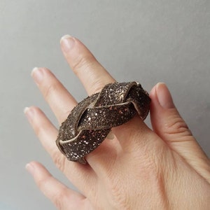 Wide Leather Cuff, Mystery Braided Bracelet, Bold Punk Armband, Copper Brown Wristband, Glitter Leather Jewelry, Statement Studded Bracelet image 1