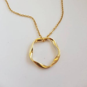 Gold Circle Necklace, Round Infinity Karma Charm, Twisted Ring Pendant, Minimalist Layering Jewelry, 24K Gold Plated Eternal Hoop Pendant