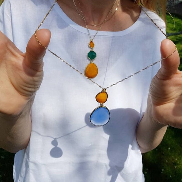 Super Long Chain Necklace and Bold Colorful Glass Pendant, Sterling Silver Shiny Chain with Colored Cabochon, Fun Statement Summer Accessory