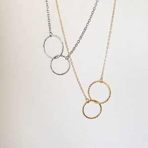 Two Linked Circles Necklace, Eternal Unity Circle Charm, Double Hammered Ring Pendant, Infinity Textured Hoops, Minimalist Layering Jewelry
