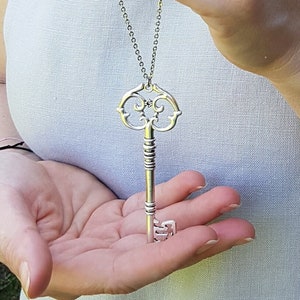 Antique Silver Skeleton Key Necklace, Ornate Victorian Key Pendant on 30" Long Chain, Secret Garden Key Gift, Fairy-tale Bold Statement Key