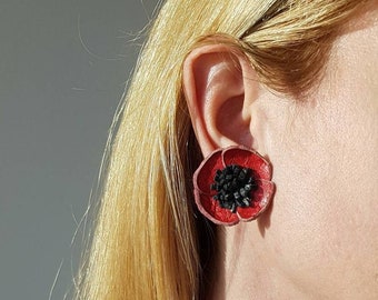 Statement Poppy Flower Stud Earrings, Red Leather Floral Posts, Boho Summer Poppies, Unique Blossom Nature Lover Gift, Bold Feminine Jewelry