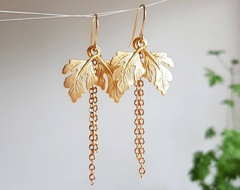 Gold Leaf Earrings, Delicate Golden Leaves, Minimalist Chain Drops, Dainty Nature Jewelry with Double Fig Leaf, Woodland Herbalist Accessory