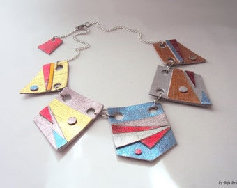 Geometric Bib Necklace, Statement Leather Jewelry, Pastel Metallic Triangle Necklace, Modern Funky Jewelry, Unique Gift for Modern Women