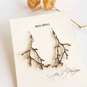 Bronze Branch Earrings, Forest Twig Dangles, Woodland Metal Tree Charms, Forest Lover Gift, Rustic Nature Jewelry, Enchanted Antlers Pendant image 1