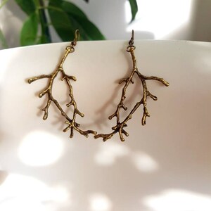 Bronze Branch Earrings, Forest Twig Dangles, Woodland Metal Tree Charms, Forest Lover Gift, Rustic Nature Jewelry, Enchanted Antlers Pendant image 5