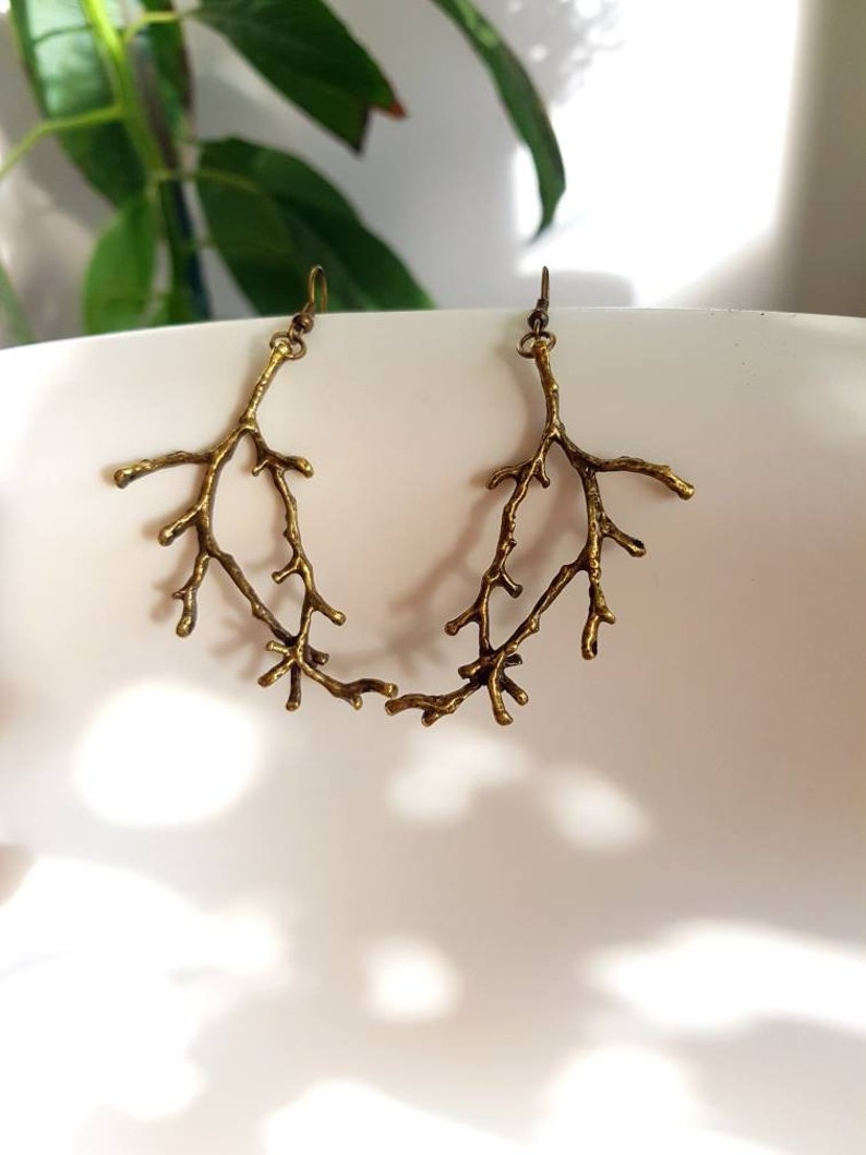 Bronze Branch Earrings, Forest Twig Dangles, Woodland Metal Tree Charms, Forest Lover Gift, Rustic Nature Jewelry, Enchanted Antlers Pendant image 5