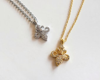 Fleur de Lis Necklace, Dainty CZ Crystal Pave Charm, Minimalist Layering Jewelry, Religious Protective Necklace, French Lily Symbol Charm