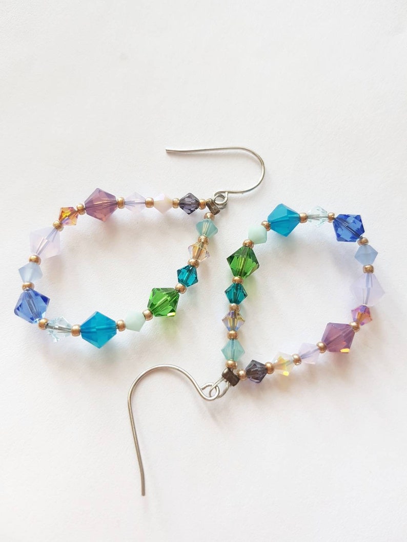 Beaded Hoop Earrings, Long Teardrop Crystal Dangles, Pastel Rainbow Statement Drops, Bold Funky Summer Hoops, Bohemian Festival Earrings image 4