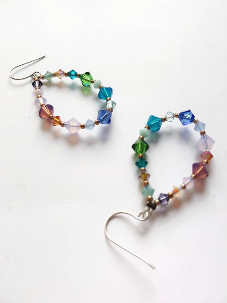 Beaded Hoop Earrings, Long Teardrop Crystal Dangles, Pastel Rainbow Statement Drops, Bold Funky Summer Hoops, Bohemian Festival Earrings image 5