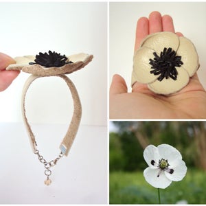 Poppy Flower Bracelet, Statement Leather Poppy Cuff, Large Floral Jewelry, Cream Oversize Flower, Nature Lover Gift, Beige Leather Armband image 1