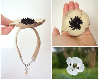 Poppy Flower Bracelet, Statement Leather Poppy Cuff, Large Floral Jewelry,  Cream Oversize Flower, Nature Lover Gift, Beige Leather Armband